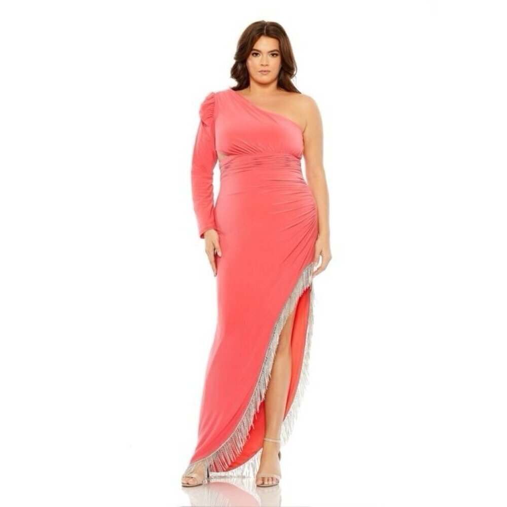 Mac Duggal Size 16 W Pink 76989 One Shoulder Beaded Fringe Cut Out Gown Dress